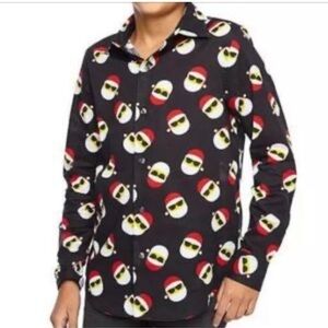 North Pole Trading Co Men’s Santa Emoji Print Button Up Shirt Size M Christmas